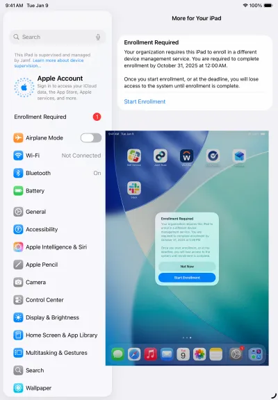 Jamf Pro Enrollment Required screen for iOS from the admin side. Inset is the view of the user side.